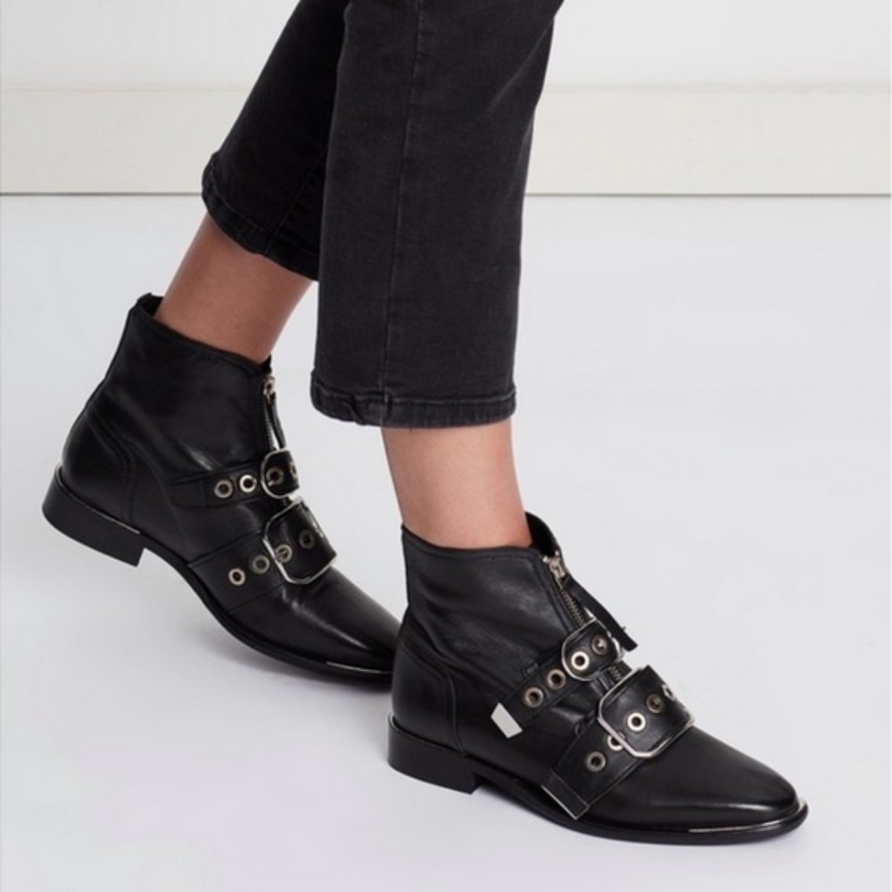 Topshop 2 Buckle Front Zip Black Combat Moto Ankle Boots